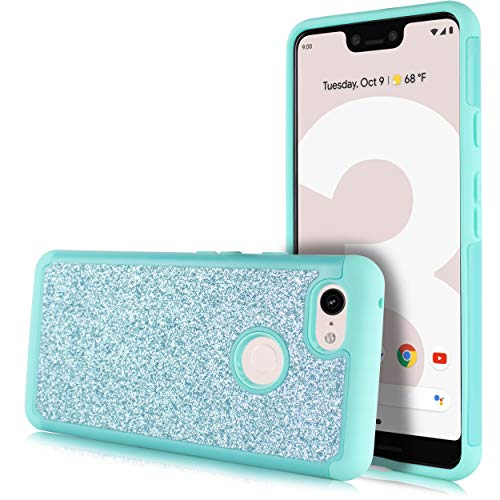 Glitter Hard Case for Google Pixel 3, Glitter Bling Hard Cover with Dual-Layer [Hard PC Back Exterior + Soft TPU Interior] for Girls (Teal)