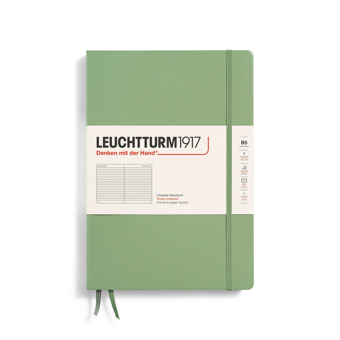 LEUCHTTURM1917 366173 Notebook Composition (B5), Hardcover, 219 Numbered Pages, Sage, Ruled