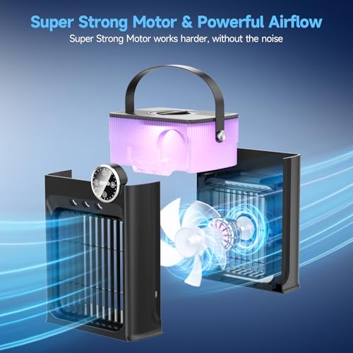 Portable Air Conditioners, Upgraded 4 in 1 Evaporative Air Cooler with 1200ML Tank, Queit Cooling Fan with Remote Control, 2-8H Timer, 3 Modes & 8 Lights, Personal AC Unit for Bedroom and Camping