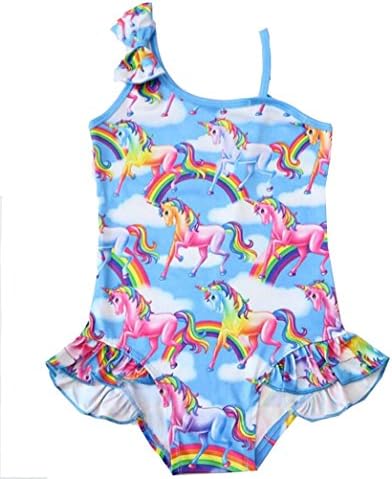 Little Girls' Cute Unicorn Swimwear One Piece Ruffled Swimsuit with Bow on Shoudler Straps