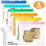 Reusable Sandwich Bags (6 Pack) + Bonus 3 Metal Straws + 1 Straw Brush, Biodegradable Food Storage Bags, BPA Free Food Grade PEVA Material Reusable Ziploc Bags for Lunch, Snack, Make-up