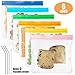 Wattne Large 6-pack Reusable Sandwich Bags, Reusable Leakproof Ziploc Kids Snack Bags, FDA Grade PEVA Biodegradable Storage Baggies for Food,Lunch,Make-up( + 3 Metal Straws + 1 Straw Brush) Multicolor
