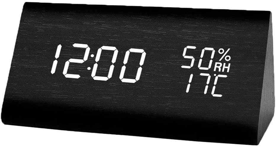BlaCOG Alarm Clock Display Time Date Temperature,Wooden Alarm Clock for Bedroom,Digital clock Adjustable Brightness Voice Control-Black/White