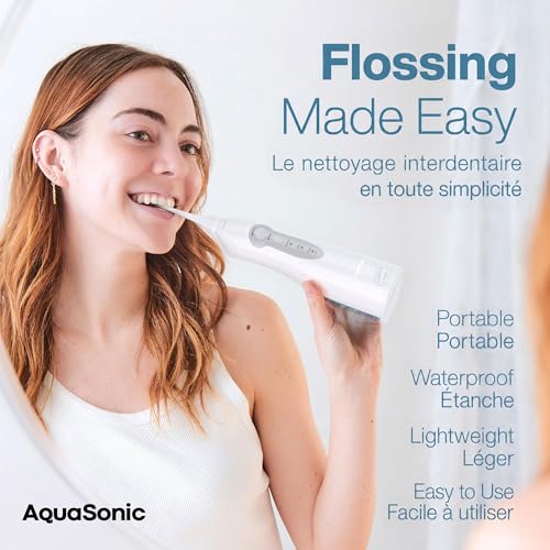AquaSonic - Aqua Flosser Cordless Rechargeable Water Flosser for Teeth | Waterproof Portable Oral Irrigator for Dental Cleaning with 5 Jet Tips, for Braces, Home & Travel (White)