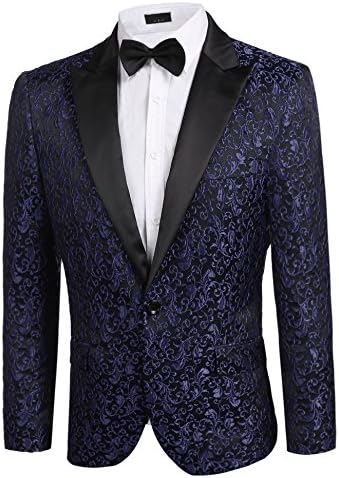 Donet Men's Floral Party Dress Suit Notched Lapel Stylish Dinner Jacket Wedding Blazer Prom Tuxedo Navy Blue Medium