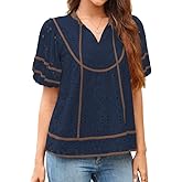 Falechay Women Blouses V Neck Puff Short Sleeve Womens Summer Tops Eyelet Embroidered Clothes Trendy Causal Babydoll Shirts