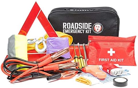 Roadside Assistance Car Emergency Kit - First Aid Kit, Jumper Cables, Tow Rope, LED Flash Light, Rain Coat, Tire Pressure Gauge, Safety Vest & More Ideal Winter Accessory For Your Car, Truck Or SUV