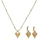 18K Gold-plated Dainty Gold Heart Jewelry Set, Beaded Chain Necklace with Pendant and Drop Earrings