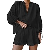 Xfileen Women Ruffle 2 Piece Sets Long Sleeve Button Down Shirt and Shorts Pajamas Sets