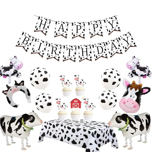 Cow Theme Party Decorations 63pcs Arch Garland Kit with, Happy Birthday Banner for Farm Cow Baby Shower Birthday Tablecover Party Supplies Cowboy Party Balloons Farm Animal Theme Party