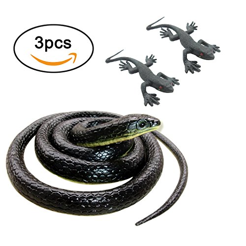 Orgrimmar Realistic Snake Rubber Black Fake Snakes Lizard Toy Prank Stuff 50.39 inch Cobra Snake and 2 Pieces Small Lizard Gecko Toys Reptile