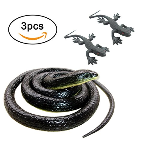 Orgrimmar Realistic Snake Rubber Black Fake Snakes Lizard Toy Prank Stuff 50.39 inch Cobra Snake and 2 Pieces Small Lizard Gecko Toys Reptile for Halloween