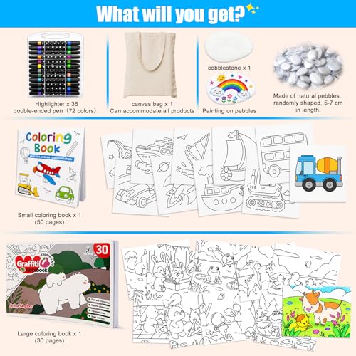 Zaztytoy Acrylic Glitter Markers 72 Colors, 36 Double-Ended Markers Kit with 2 Coloring Books, Painting Stone and DIY Bag, for Wood, Ceramic, Paper and Canvas