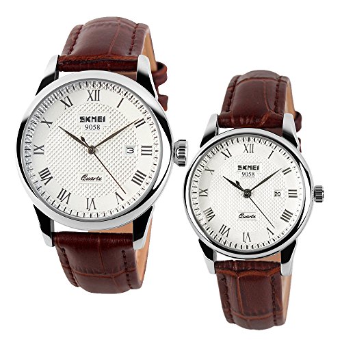 Cool Men'S & Women'S Brown Genuine Leather Wrist Watches With Date Calendar For Couple (Set Of 2)