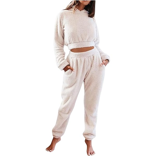 Women 2 Piece Fluffy Pajama Set Sherpa Fleece Matching Sleepwear