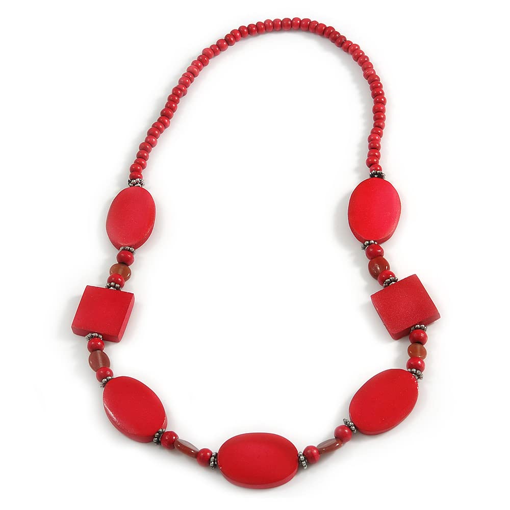 Avalaya Red Oval/Square Wooden and Glass Beads Necklace - 64cm Long