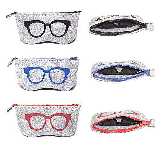 3 Pack Eyeglass Case Pouch, Polersun Portable Soft Felt Sunglasses Case Zipper Ultra Light Glasses Makeup Storage Pouch (Black+Blue+Pink)