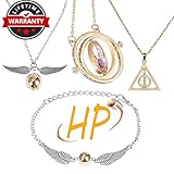 Cerekony Necklace Merchandise for HP Fans, Time-Turner Death-Hallows Golden-Snitch Necklace Bracelet Jewelry Set Best Gift for Boys, Daughter, Girls, Women 4 Pcs