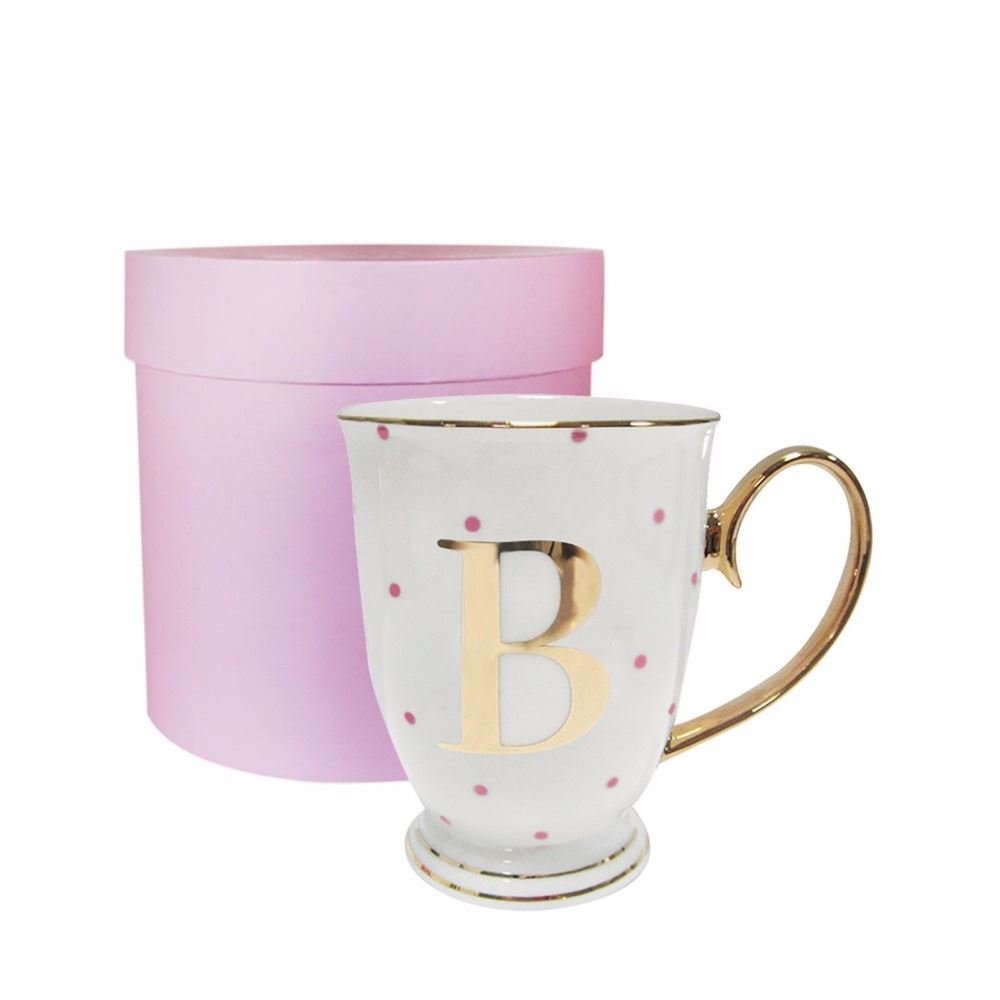 Bombay Duck 13 x 13 x 12 cm Letter B Alphabet Spotty Metallic Mug with Fuchsia Spots, White/Gold