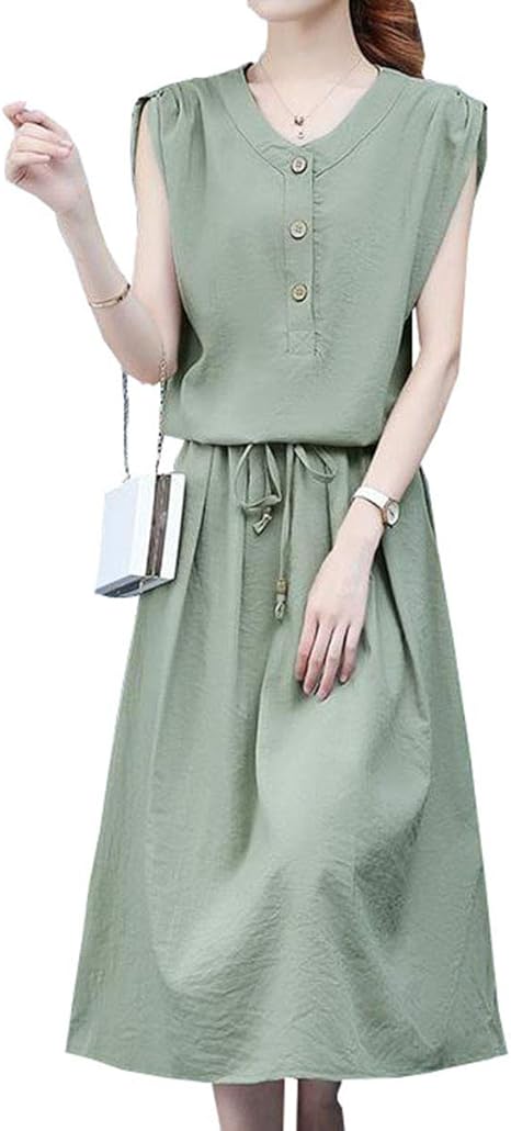 Amazon Yunhen レディース ワンピース 麻 ひざ丈 無地 ノースリーブ ワンピース フェミニン オシャレ 夏服 着痩せ キャミ ワンピース ワンピース チュニック 通販