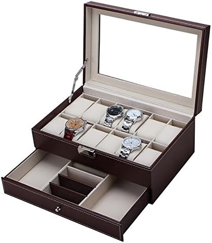 Meimeile Premium Leather 12 Mens Watch Display Box with Jewelry Display Drawer Lockable Watch Storage Case Organizer (Brown)