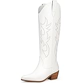 Ouepiano White Cowgirl Boots Women Cowboy Knee High Tall Boots Chunky Heel Pointed Toe Pull-On Western Wide Calf Boats Country Fashion