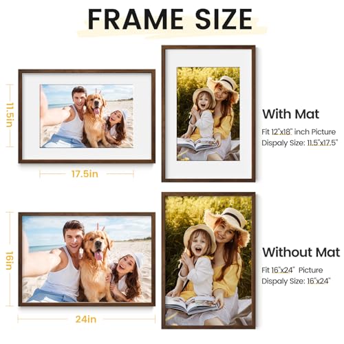 16X24 Oak Wood Picture Frame Brown Poster Frame for 12x18 Picture with Mat or 16x24 without Mat Natural Solid Wooden Picture Frames for Wall Art Photo and Prints