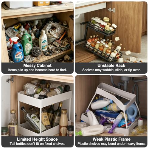 Fantasnight Kitchen Under Sink Storage Organiser - 1 Pack Metal Undersink Organisation for Cupboard - 3 Tier Pull Out Cabinet Drawers Black - Sliding Cleaning Shelf Organizer Solutions for Bathroom