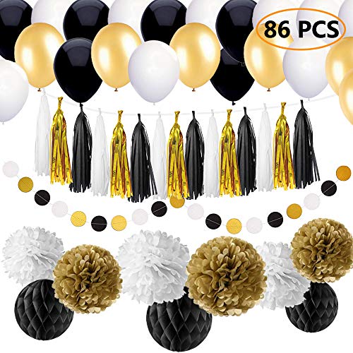 SIMPZIA 86 pcs Black and Gold Party Decorations Kit Birthday Party Supplies for Adults 25th, 30th, 40th, 50th, 55th, 60th, 70th & Other Occasions Like Wedding,Anniversary,Engagement,Baby Shower(DIY)
