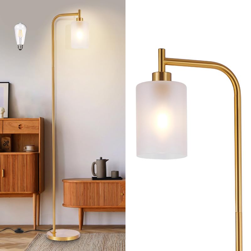 Photo 1 of DLLT Floor Lamp Tall for Room: Gold Standing Lamp with Frosted Glass Lampshade for Living Room - Modern Bright Lamp for Bedroom - Industrial Corner Floor Lamps for Office 8W Led Bulb Included