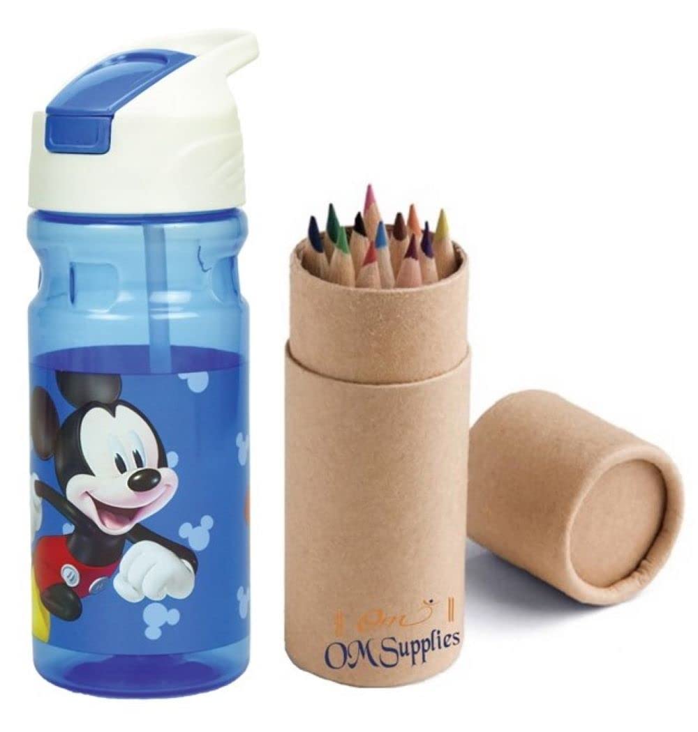 OM SUPPLIES Mickey Characters Reusable Pop Up Water Bottle Drink Bottle Flask with Cord for Easy Carry School Lunch Kids Childrens 500ml Includes Half Size 12pcs Pencil Set (Mickey)