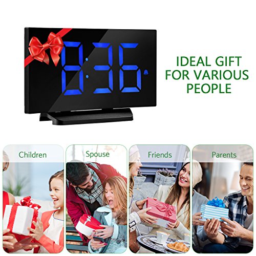 Digital Alarm Clock, Atmoko 5'' LED Display Clock with Curved-screen and Dimmer, Snooze Function, 3 Adjustable Alarm Sounds, Bedside Alarm Clock for Bedroom, Kitchen, Office-Blue