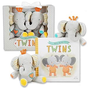 Tickle & Main, We are Twins – Baby and Toddler Twin Gift Set- Includes Keepsake Book and Set of 2 Plush Elephant Rattles…