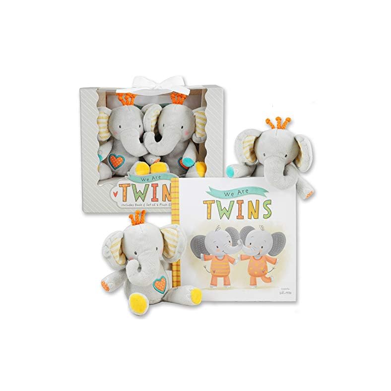Tickle & Main, We are Twins – Baby and Toddler Twin Gift Set- Includes Keepsake Book and Set of 2 Plush Elephant Rattles…