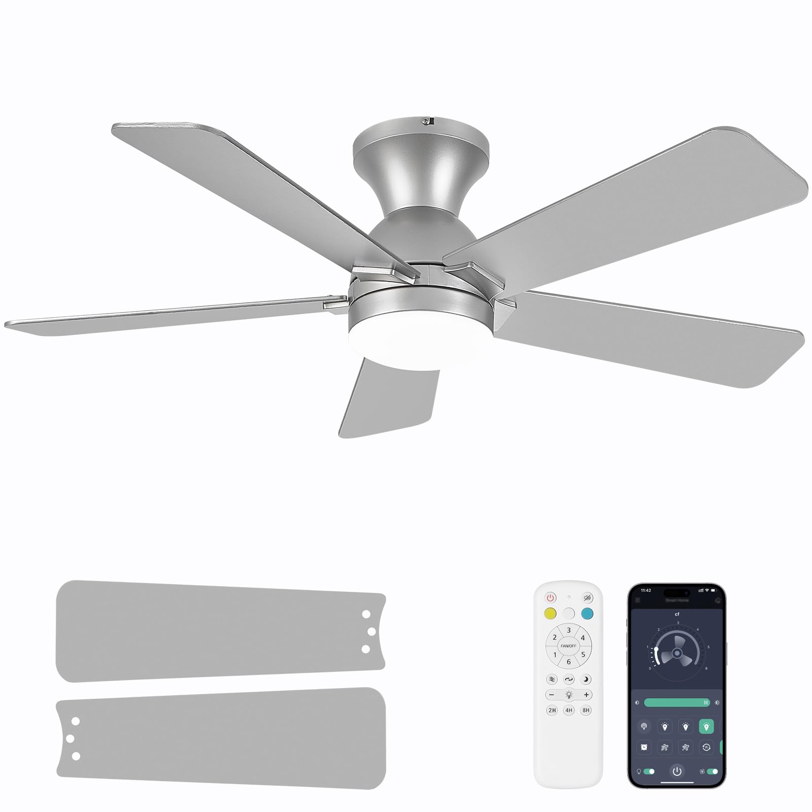 Photo 1 of Dolavast Ceiling Fans with Lights, 42 Inch Low Profile Ceiling Fan with Light and Remote Control, Flush Mount, Reversible, 3CCT, Dimmable LED, Quiet, Nickel Ceiling Fan for Bedroom, Kitchen