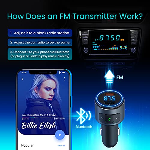 (Upgraded Version) VT Bluetooth FM Transmitter for Car, V5.0 Bluetooth Car Adapter, FM Transmitter Receiver, MP3 Player with QC3.0 Quick Charge, Hands Free Calling, 2 Playing Modes, Blue led Display