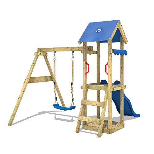 WICKEY Spielturm Klettergerüst TinyWave mit Schaukel & Blauer Rutsche, Outdoor Kinder Kletterturm mit Sandkasten, Leiter… – Bild 3