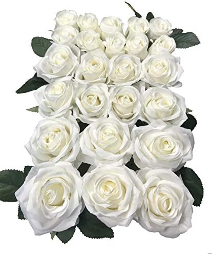 DALAMODA Artificial Silk Flowers Rose Heads DIY for Wedding Bridesmaid Bridal Bouquets Bridegroom Groom Men's Boutonniere and Corsage,Shower Party Home Decorations 24pcs (Cream)