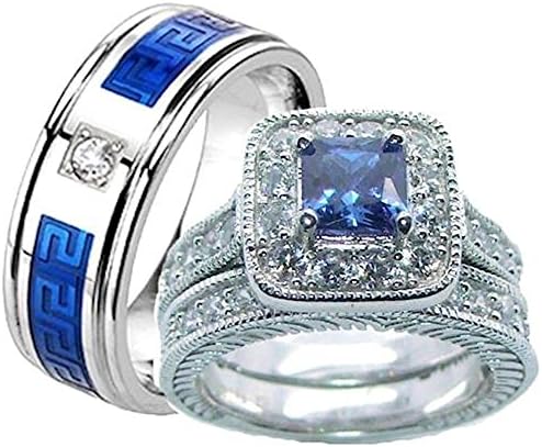 His Hers Blue &amp; Clear Cz Wedding Ring Set Sterling Silver and Stainless Steel (womens 7 mens 11)