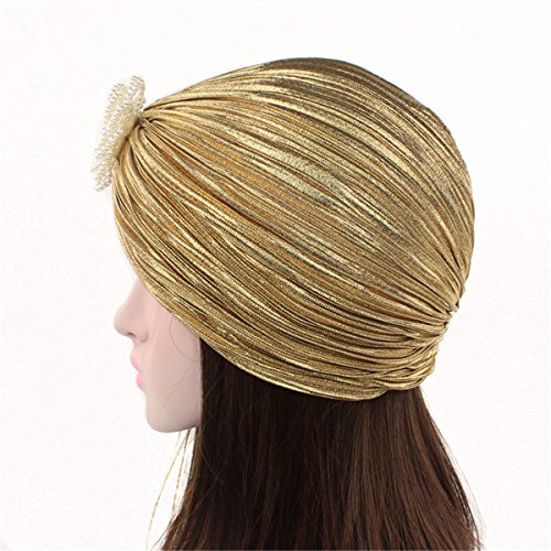 Qhome Luxury Women Shimmering Wrinkle Turban Artificial Pearl Flower Hijab Cap Head Wrap