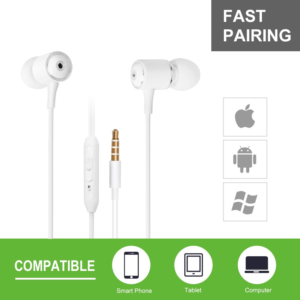 SMARTED Wired Earphones with Microphone 3.5mm Jack Volume Control Bass Noise Canceling In Ear Headphones with 4 Earbuds Runing 4.2 ft (White)