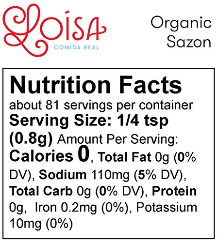 Loisa Sazón Seasoning, USDA Organic, Non-GMO, No-MSG, No Preservatives, No Artificial Coloring, No Artificial Flavors, 2.3oz, Pack of 2