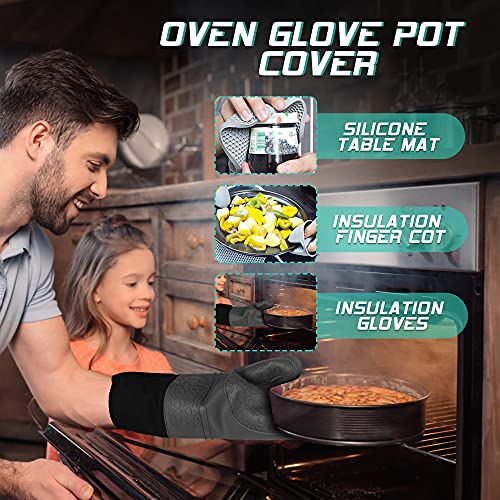 Silikon Ofenhandschuh 6er-Set, Hitzebeständige Topfhandschuhe 1 Paar mit 2 Topflappen Untersetzer & 2 Mini Rutschfeste Silikon Griff Quetschhandschuhe - Wasserfest, Leicht zu Reinigen (Schwarz)