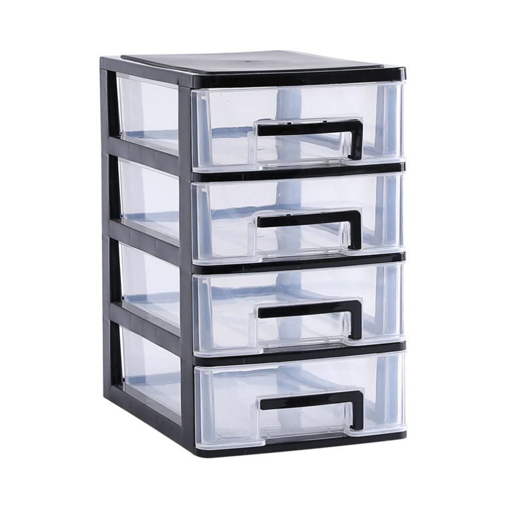 Cabilock 4-Tier Desktop Storage Drawers – Clear Plastic Organiser Unit for Makeup, Stationery & Crafts, Mini Tabletop Storage Tower for Home Office & Vanity (Black & Transparent, 25cm High)