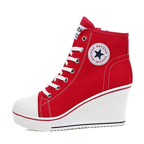 mewow Womens Girl's Casual Plus Size High Top Wedge Heel Canvas Shoes Fashion Sneaker (7, Red)