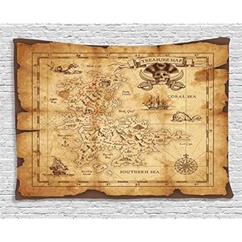 Ambesonne Island Map Tapestry, Super Detailed Treasure Map Grungy Rustic Pirates Gold Secret Sea History Theme, Wide Wall Hanging for Bedroom Living Room Dorm, 60