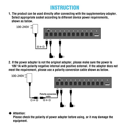Rowin - PW-1 - Fuente de alimentación para pedal de guitarra con 10 salidas de CC aisladas para pedales de efectos de bajo y guitarra, de 9 V, 12 V y 18 V, con puerto de carga USB