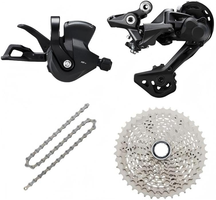 JGbike Compatible 10 speed MTB 4pc groupset for Shimano Deore M4100: Right Shift Lever,Long cage Rear Derailleur, 11-42T Cassette or Sunrace 11-46T Cassette, KMC X10 Chain