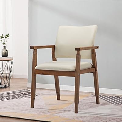 Mid Century Modern Walnut Dining Chairs Wood Arm Beige Fabric Kitchen Cafe Living Room Decor Furniture 51Ou2pgJj L