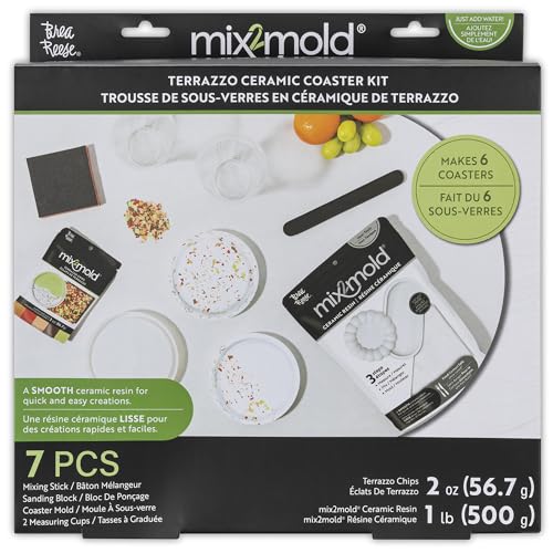 Brea Reese Mix2Mold Terrazzo Ceramic Coaster Kit - DIY 6 Coasters, All-in-1 Cra…